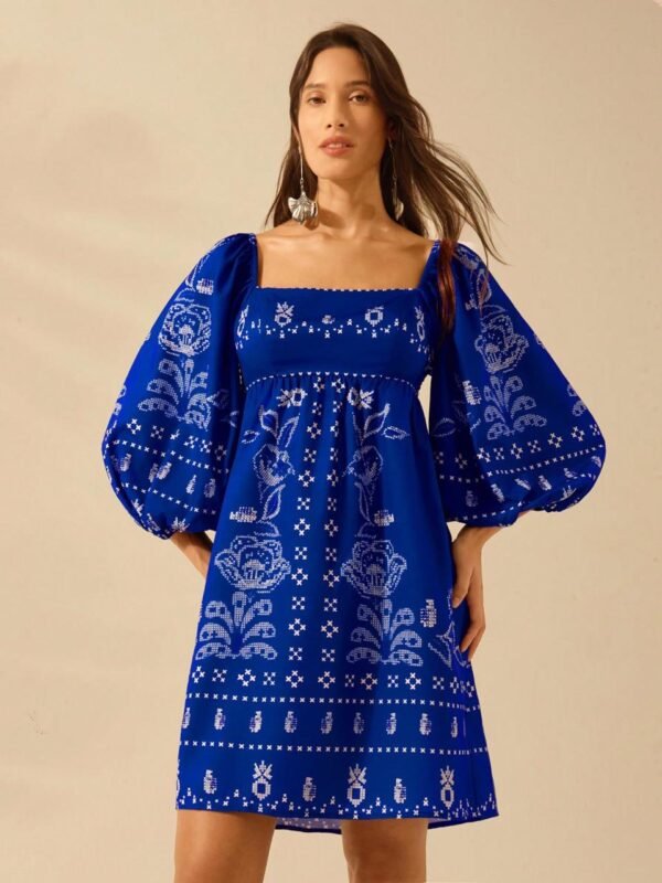 Blue Bardot Long Sleeve Dress