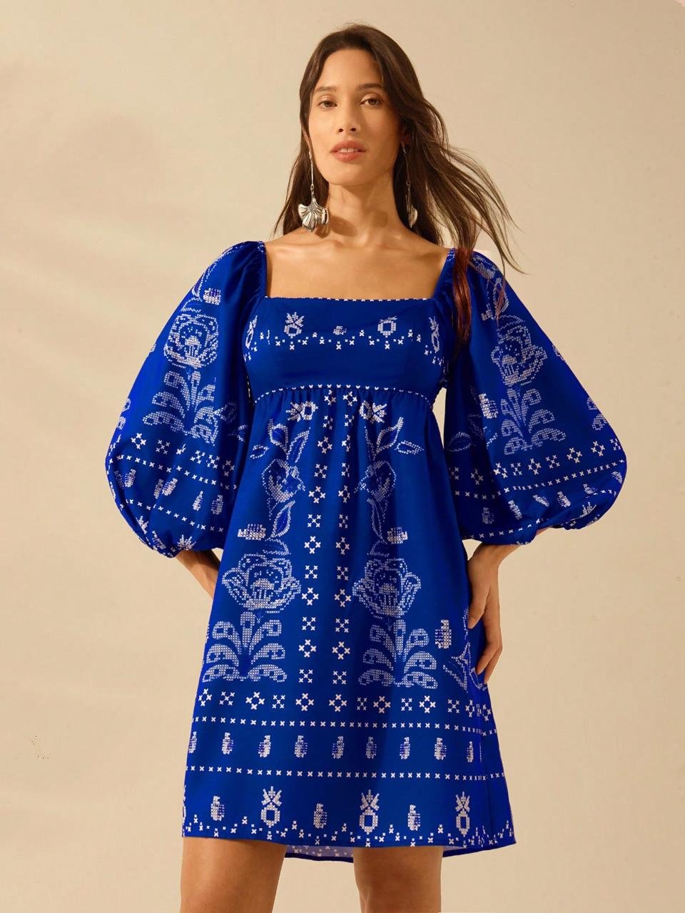 Blue Bardot Long Sleeve Dress